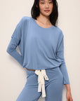 Model wears Gisele TENCEL™ Modal Slouchy PJ Set in wedgewood blue/ivory.