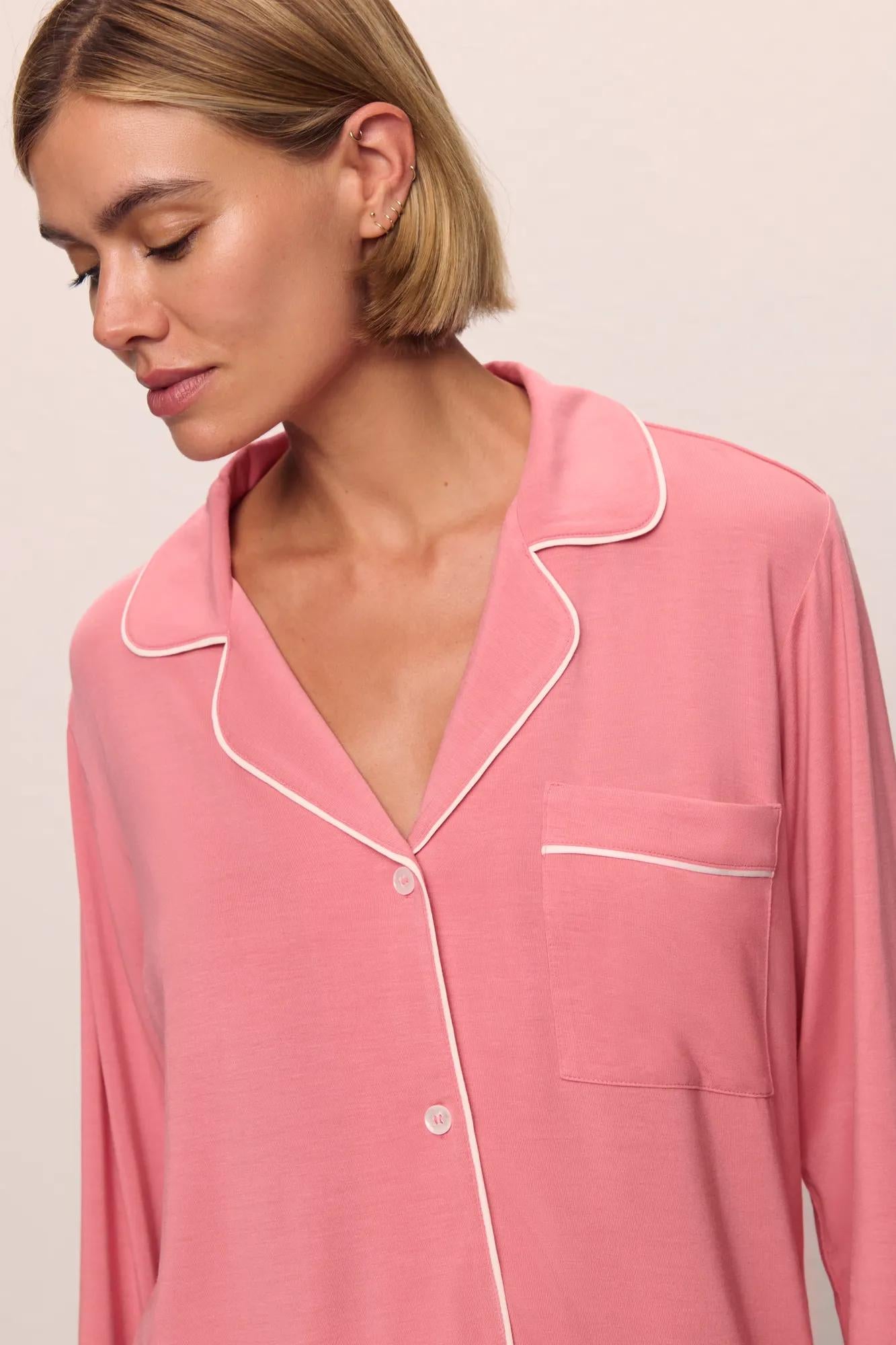 Model is wearing Gisele TENCEL™ Modal Long PJ Set in  Sunkissed Coral/Ivory