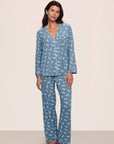 Model is wearing Gisele Printed TENCEL™ Modal Long PJ Set in Dalmatian Faded Denim/Ivory