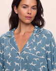 Model is wearing Gisele Printed TENCEL™ Modal Long PJ Set in Dalmatian Faded Denim/Ivory