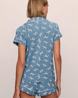 Model is wearing Gisele Printed TENCEL™ Modal Shortie Short PJ Set in Dalmatian Faded Denim/Ivory