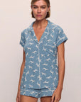 Model is wearing Gisele Printed TENCEL™ Modal Shortie Short PJ Set in Dalmatian Faded Denim/Ivory