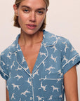 Model is wearing Gisele Printed TENCEL™ Modal Shortie Short PJ Set in Dalmatian Faded Denim/Ivory