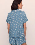 Model is wearing Gisele Printed TENCEL™ Modal Relaxed Short PJ Set in Dalmatian Faded Denim/Ivory