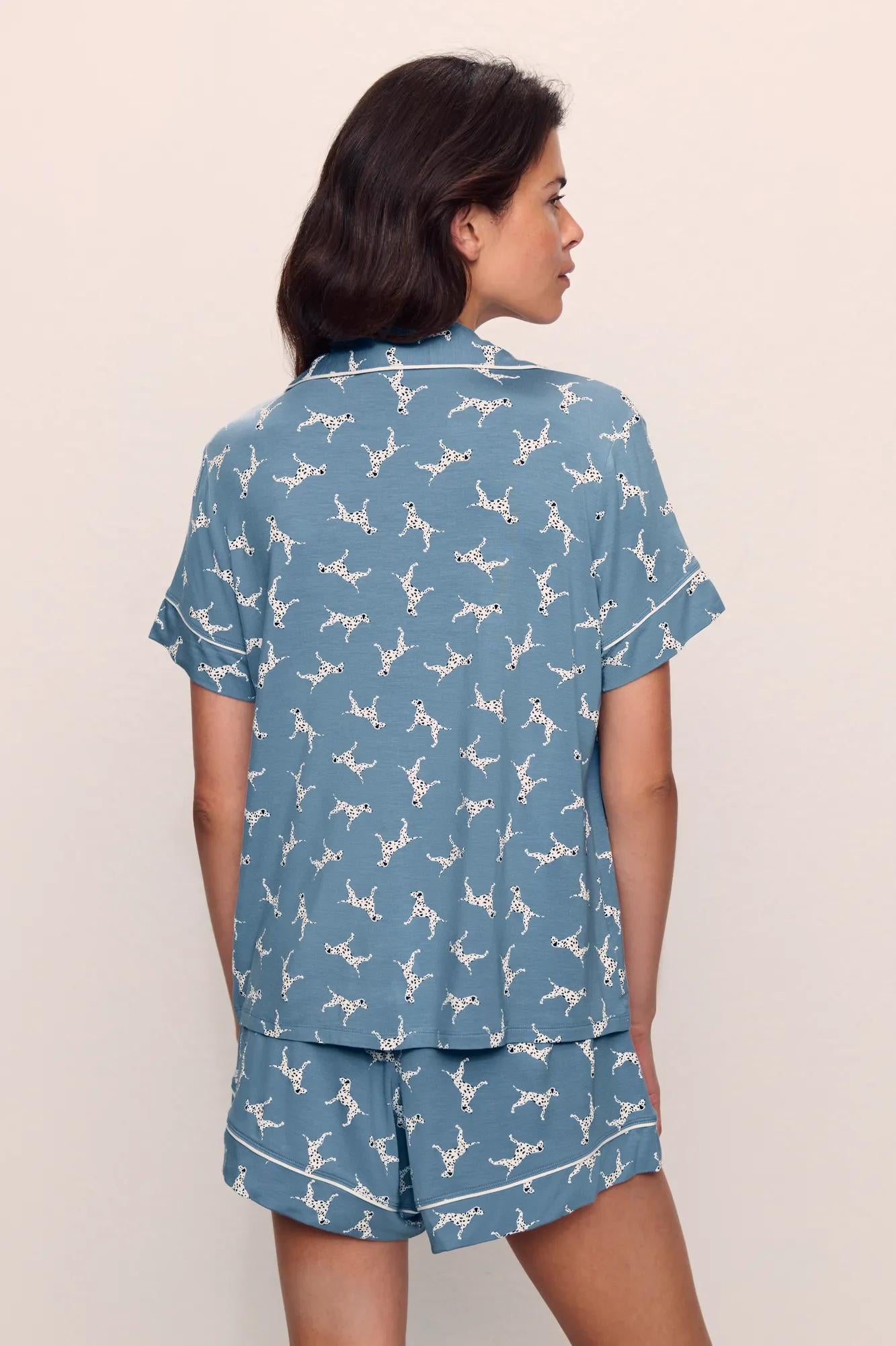 Model is wearing Gisele Printed TENCEL™ Modal Relaxed Short PJ Set in  Dalmatian Faded Denim/Ivory