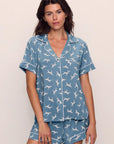 Model is wearing Gisele Printed TENCEL™ Modal Relaxed Short PJ Set in Dalmatian Faded Denim/Ivory