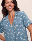 Model is wearing Gisele Printed TENCEL™ Modal Relaxed Short PJ Set in Dalmatian Faded Denim/Ivory