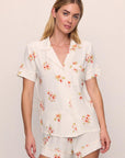 Model is wearing Gisele Printed TENCEL™ Modal Relaxed Short PJ Set in Floral Bloom Ivy/Vanilla Cream