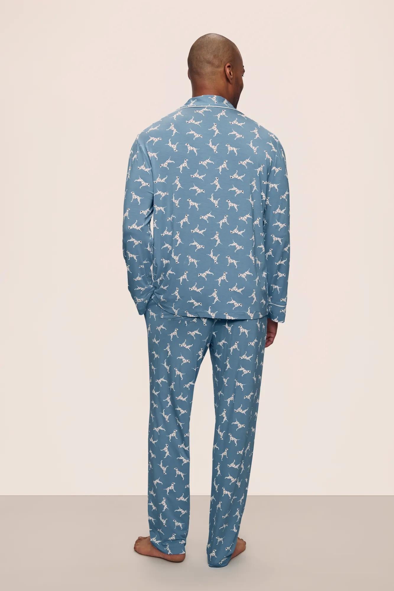 Model is wearing William Printed TENCEL™ Modal Long PJ Set in  Dalmatian Faded Denim/Ivory