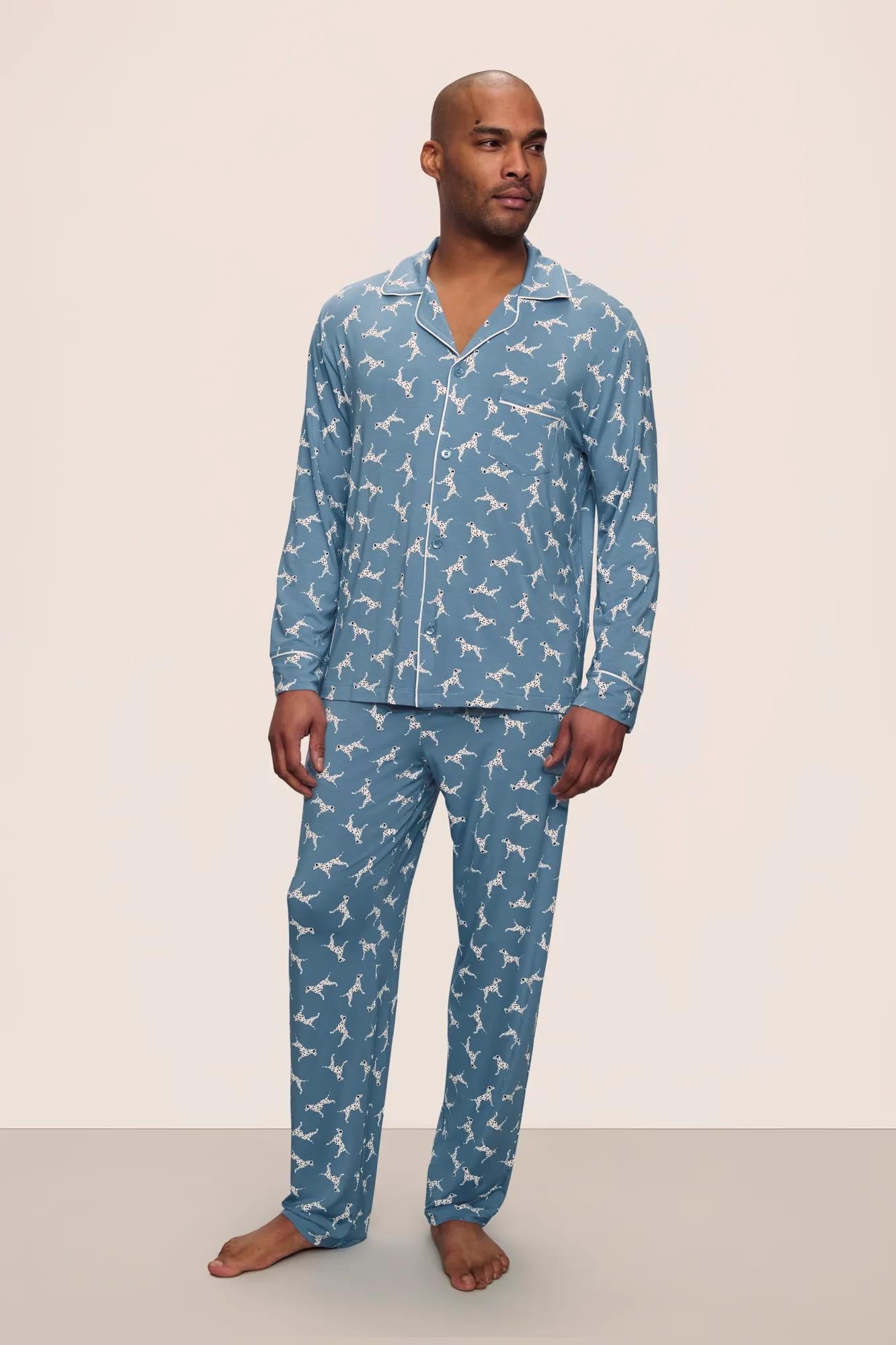 Model is wearing William Printed TENCEL™ Modal Long PJ Set in  Dalmatian Faded Denim/Ivory
