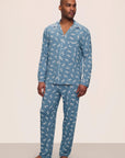 Model is wearing William Printed TENCEL™ Modal Long PJ Set in Dalmatian Faded Denim/Ivory