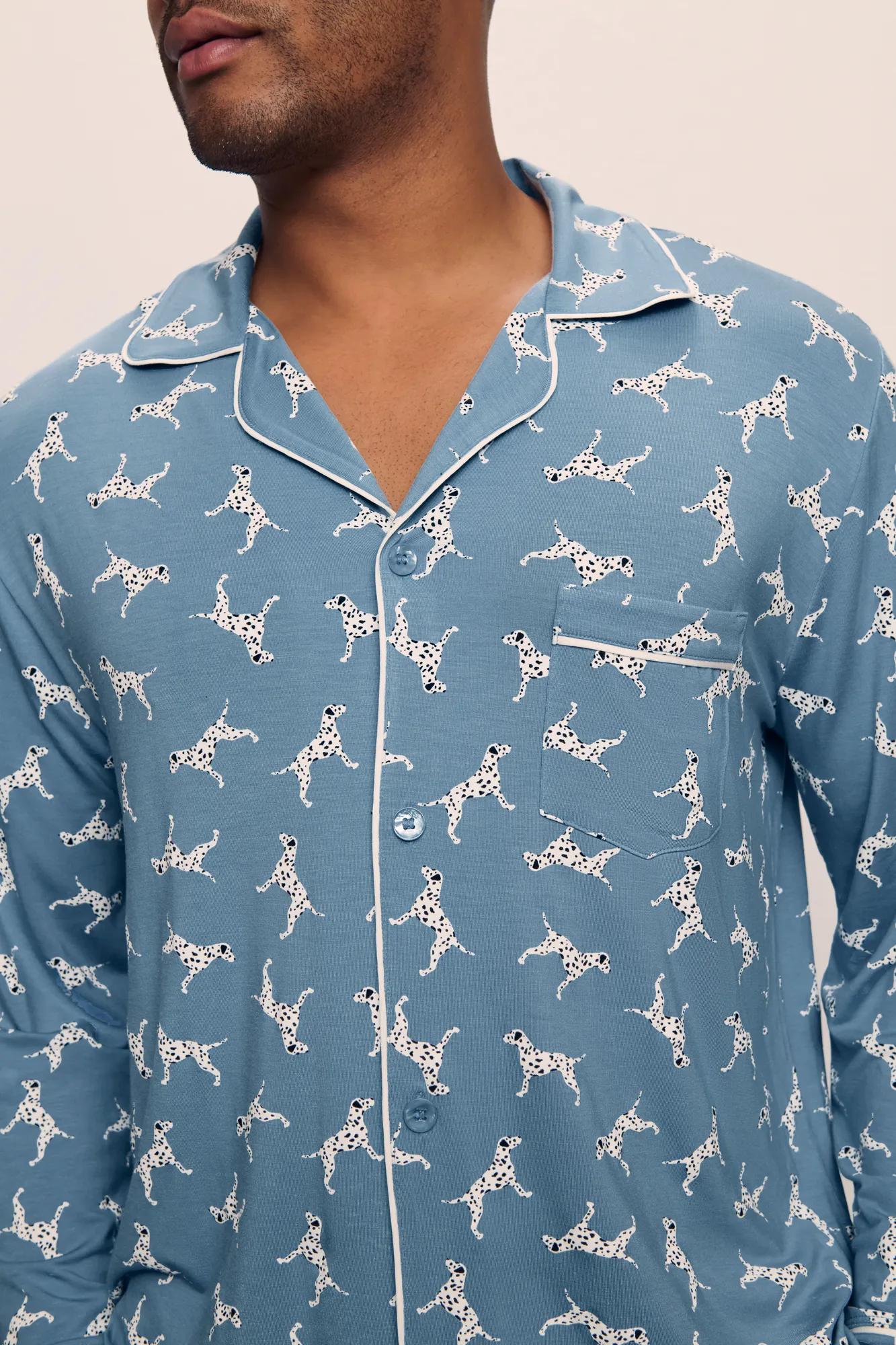Model is wearing William Printed TENCEL™ Modal Long PJ Set in  Dalmatian Faded Denim/Ivory