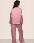 Model is wearing Inez Washable Silk Long PJ Set in Lilas/Ivory
