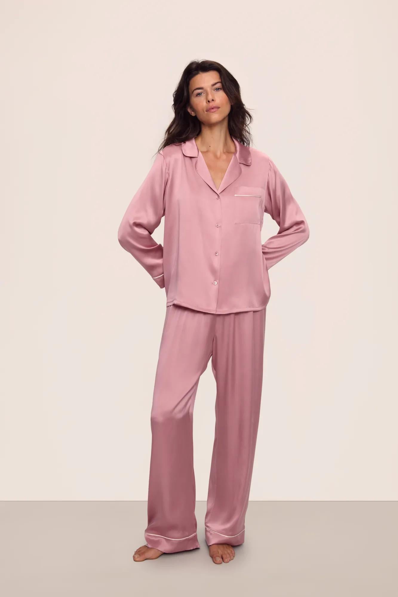Model is wearing Inez Washable Silk Long PJ Set in  Lilas/Ivory