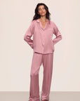 Model is wearing Inez Washable Silk Long PJ Set in Lilas/Ivory