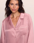 Model is wearing Inez Washable Silk Long PJ Set in Lilas/Ivory