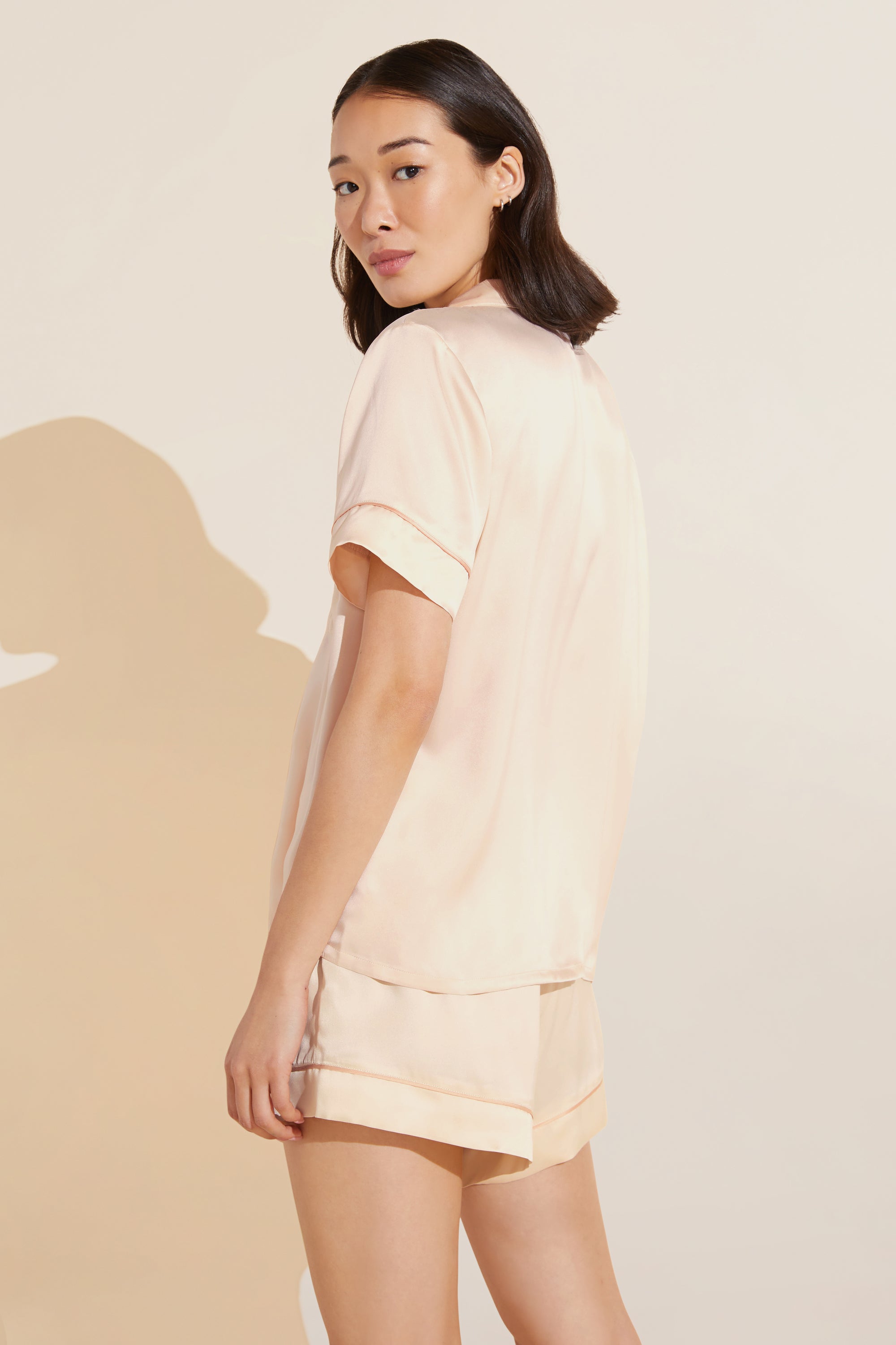 Model wears Inez Washable Silk Short PJ Set in Champagne/Rose Cloud.