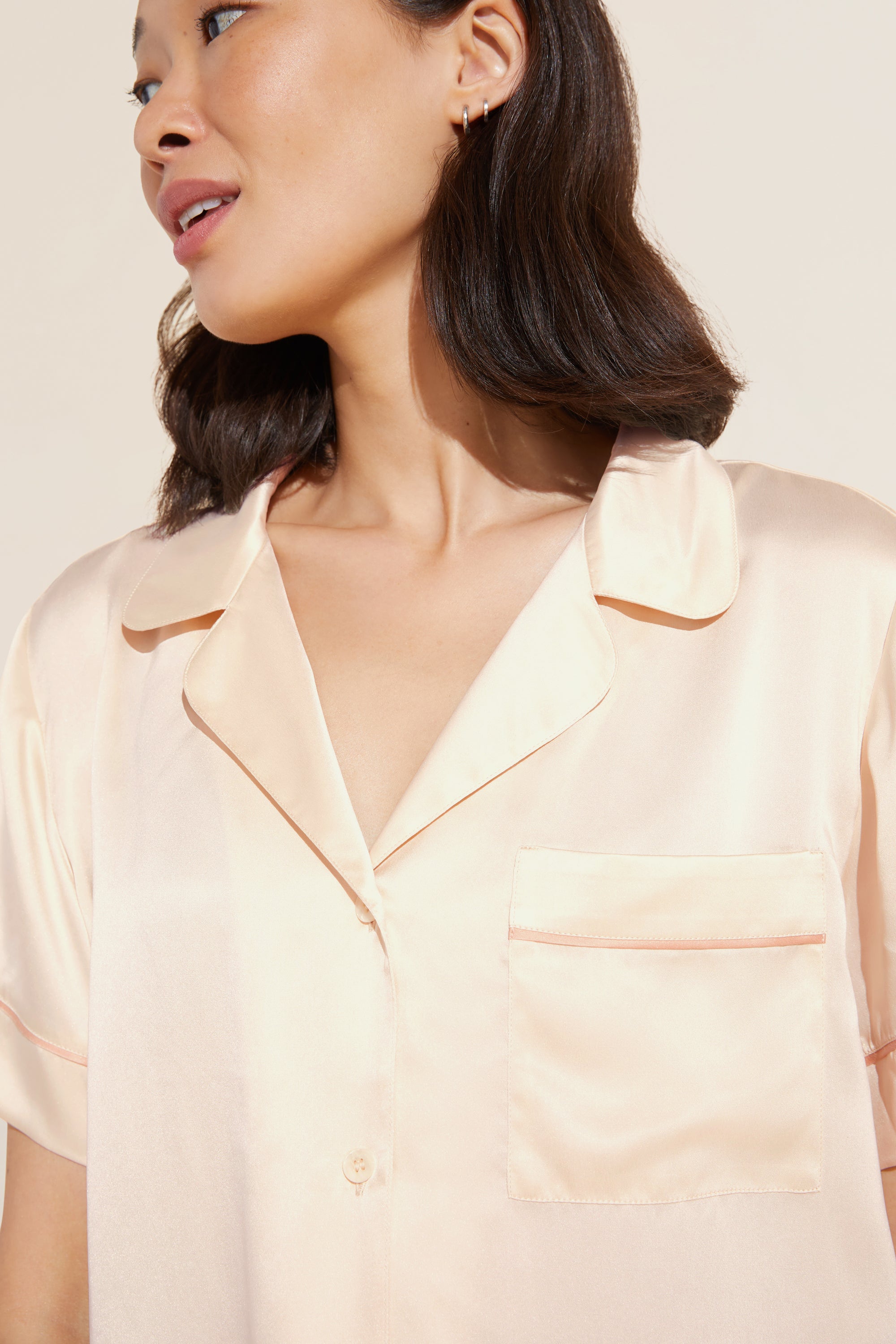 Model wears Inez Washable Silk Short PJ Set in Champagne/Rose Cloud.