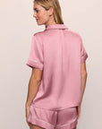 Model is wearing Inez Washable Silk Short PJ Set in Lilas/Ivory
