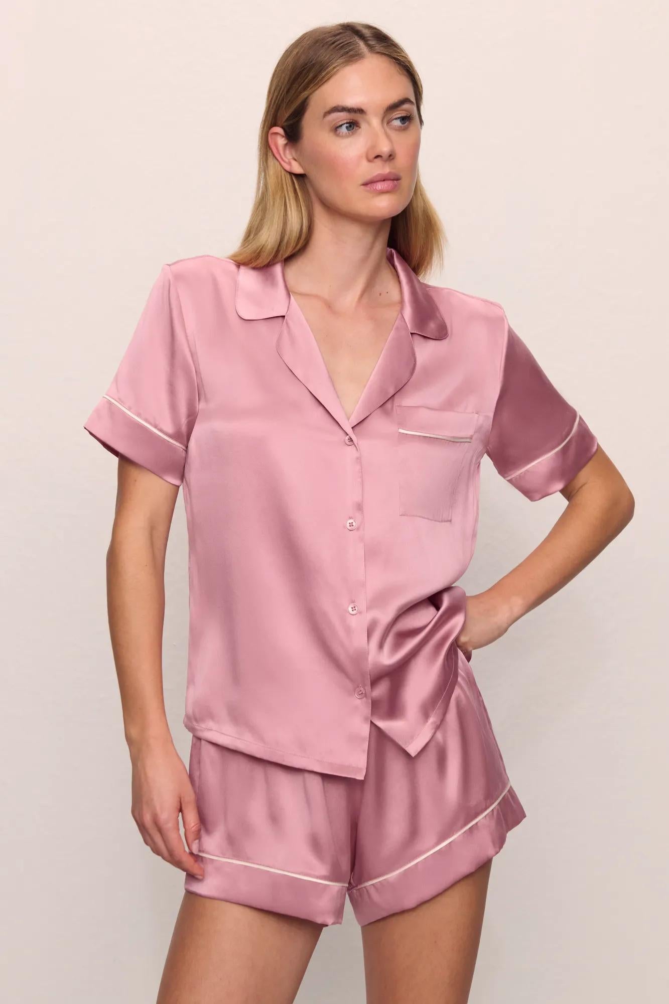 Model is wearing Inez Washable Silk Short PJ Set in  Lilas/Ivory