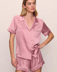 Model is wearing Inez Washable Silk Short PJ Set in Lilas/Ivory