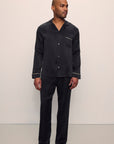 Model is wearing Charles Washable Silk Long PJ Set in Black/Champagne