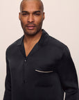 Model is wearing Charles Washable Silk Long PJ Set in Black/Champagne