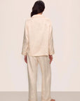 Model is wearing Inez Washable Silk Jacquard Long PJ Set in Floralvine Peachdust/Palemauve