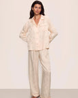 Model is wearing Inez Washable Silk Jacquard Long PJ Set in Floralvine Peachdust/Palemauve