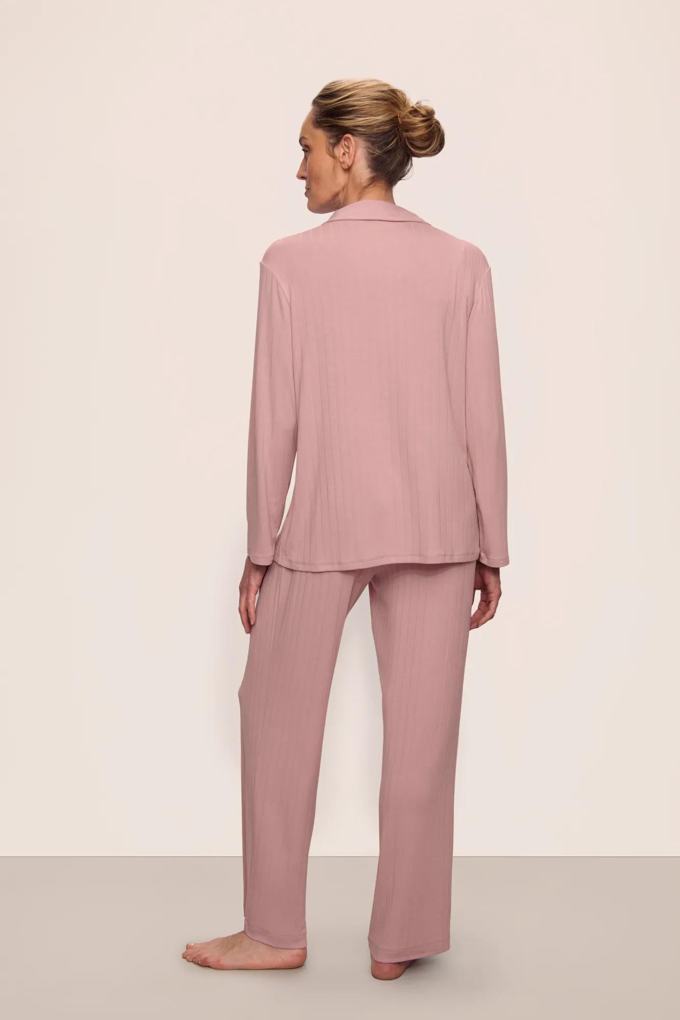 Model is wearing Gisele TENCEL™ Modal Rib Long PJ Set in  Pale Mauve