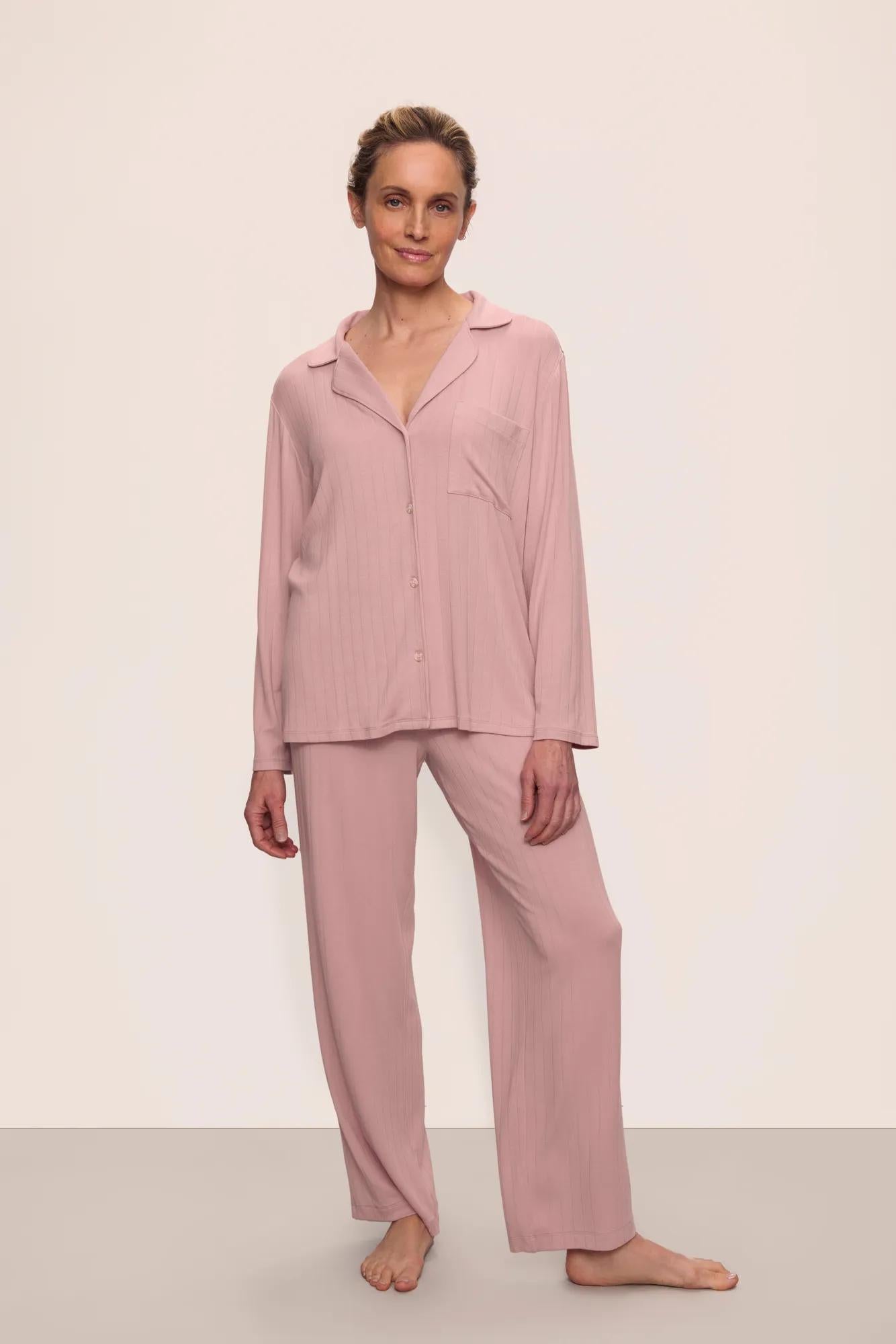 Model is wearing Gisele TENCEL™ Modal Rib Long PJ Set in  Pale Mauve