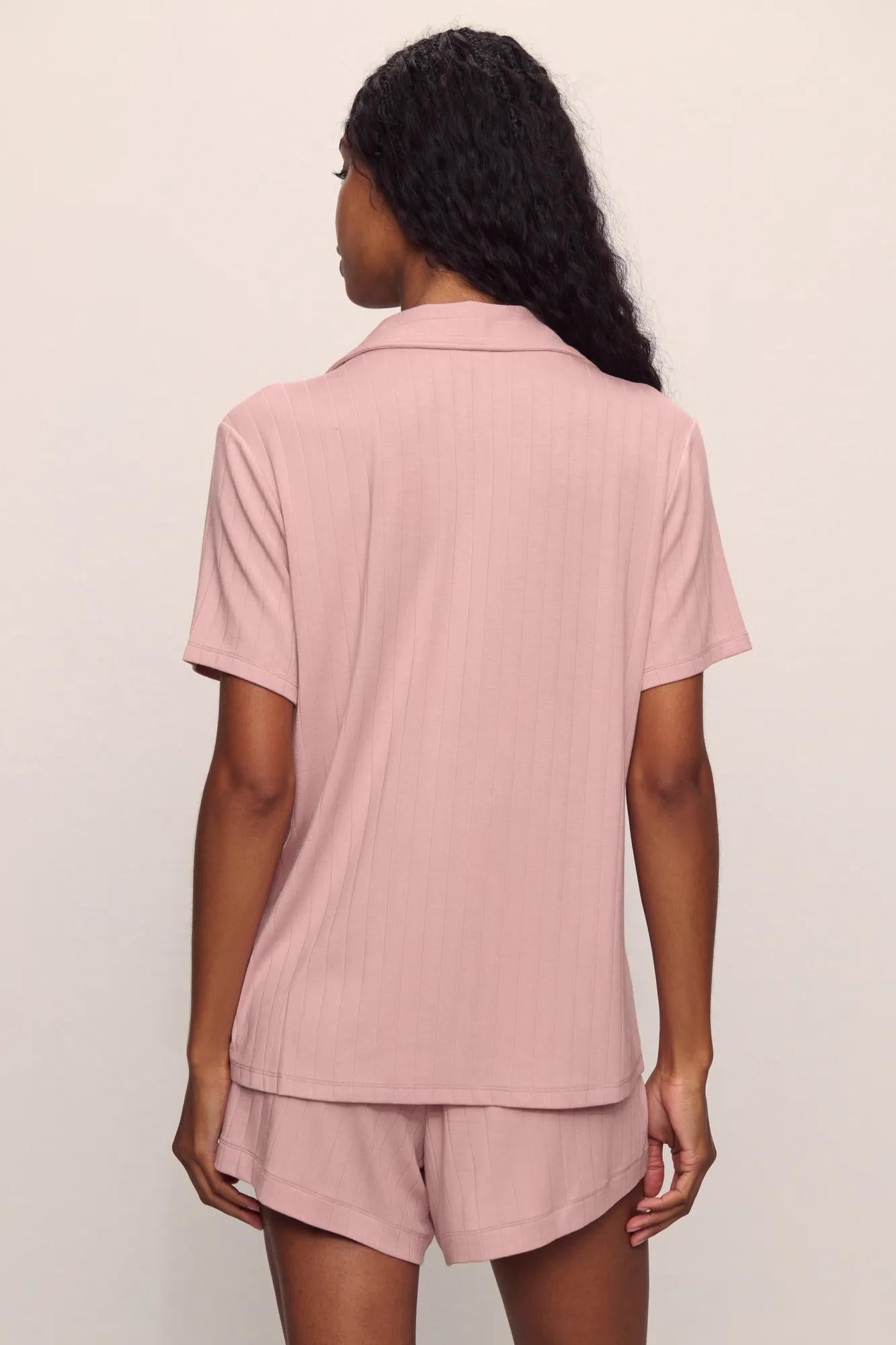 Model is wearing Gisele TENCEL™ Modal Rib Relaxed Short PJ Set in  Pale Mauve
