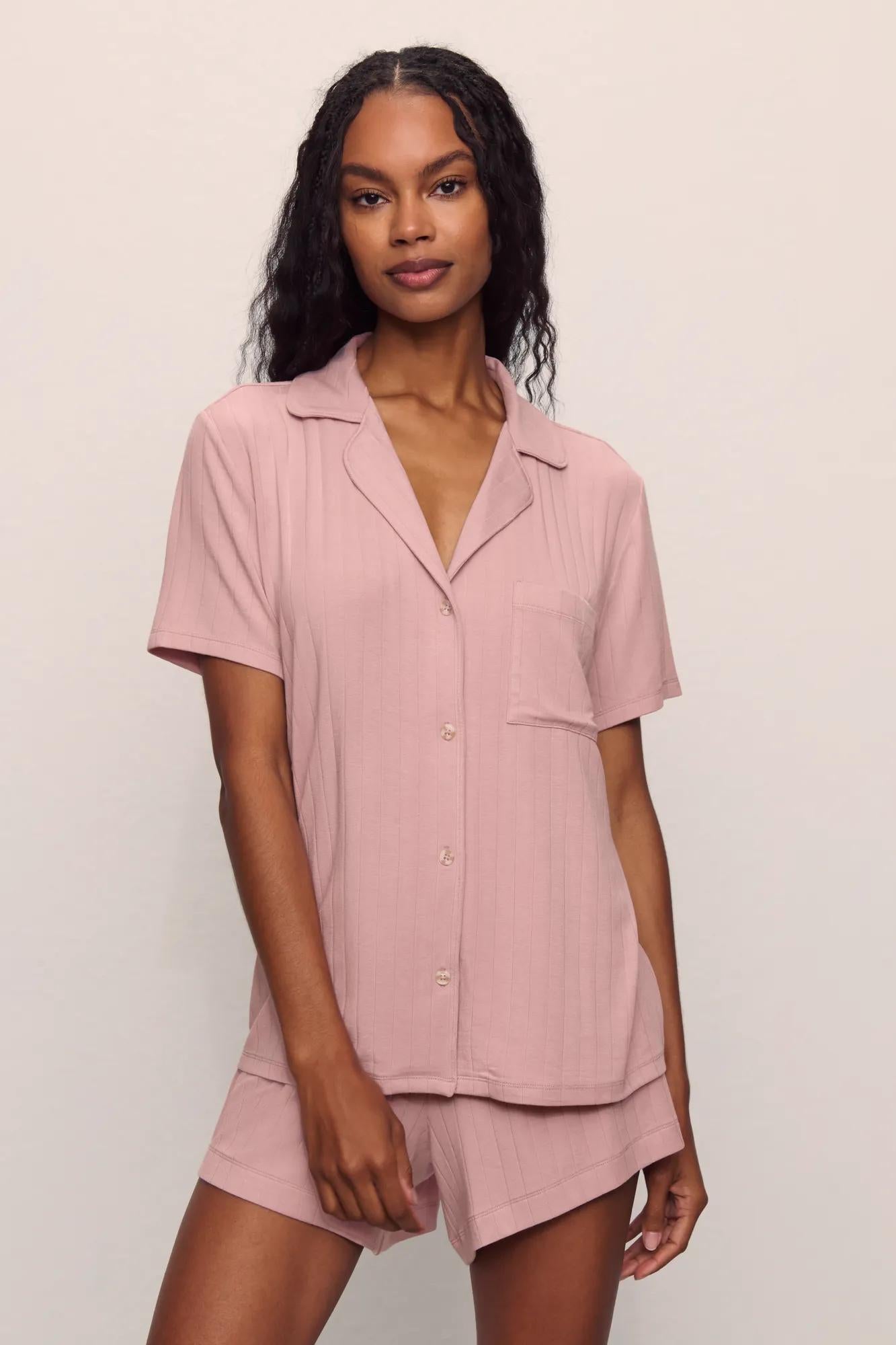 Model is wearing Gisele TENCEL™ Modal Rib Relaxed Short PJ Set in  Pale Mauve