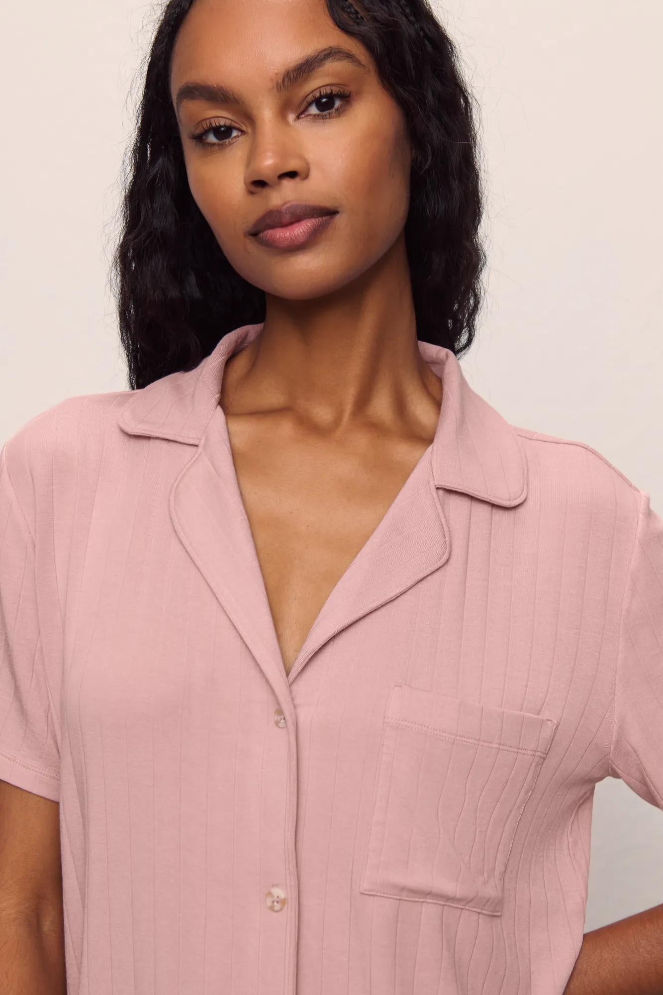 Model is wearing Gisele TENCEL™ Modal Rib Relaxed Short PJ Set in  Pale Mauve