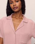 Model is wearing Gisele TENCEL™ Modal Rib Relaxed Short PJ Set in Pale Mauve