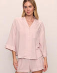 Model is wearing Nautico Relaxed Short PJ Set in Feeder Stripes Pale Mauve/White