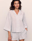 Model is wearing Nautico Relaxed Short PJ Set in Feeder Stripes Wh/Peppercorn
