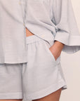 Model is wearing Nautico Relaxed Short PJ Set in Feeder Stripes Wh/Peppercorn
