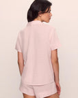 Model is wearing Nautico Shortie Short PJ Set in Feeder Stripespale Mauve/White