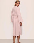 Model is wearing Nautico Midi Robe in Feeder Stripespale Mauve/White