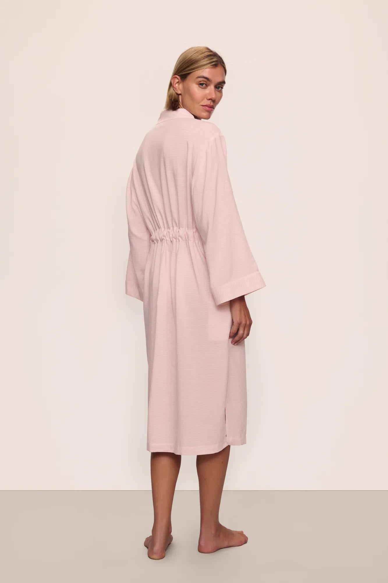 Model is wearing Nautico Midi Robe in  Feeder Stripespale Mauve/White