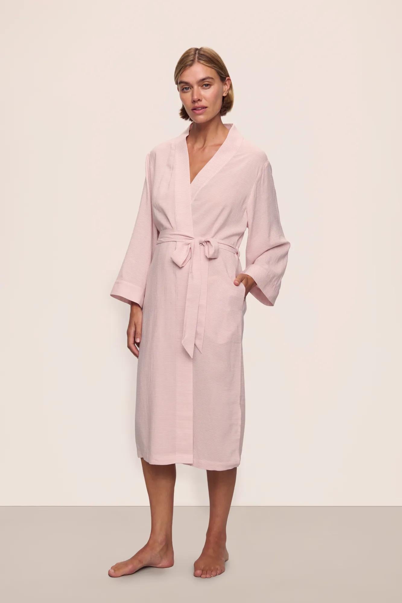 Model is wearing Nautico Midi Robe in  Feeder Stripespale Mauve/White