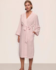 Model is wearing Nautico Midi Robe in Feeder Stripespale Mauve/White