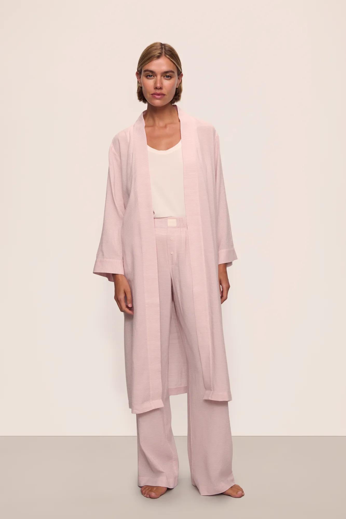 Model is wearing Nautico Midi Robe in  Feeder Stripespale Mauve/White