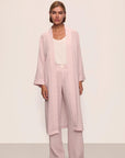 Model is wearing Nautico Midi Robe in Feeder Stripespale Mauve/White
