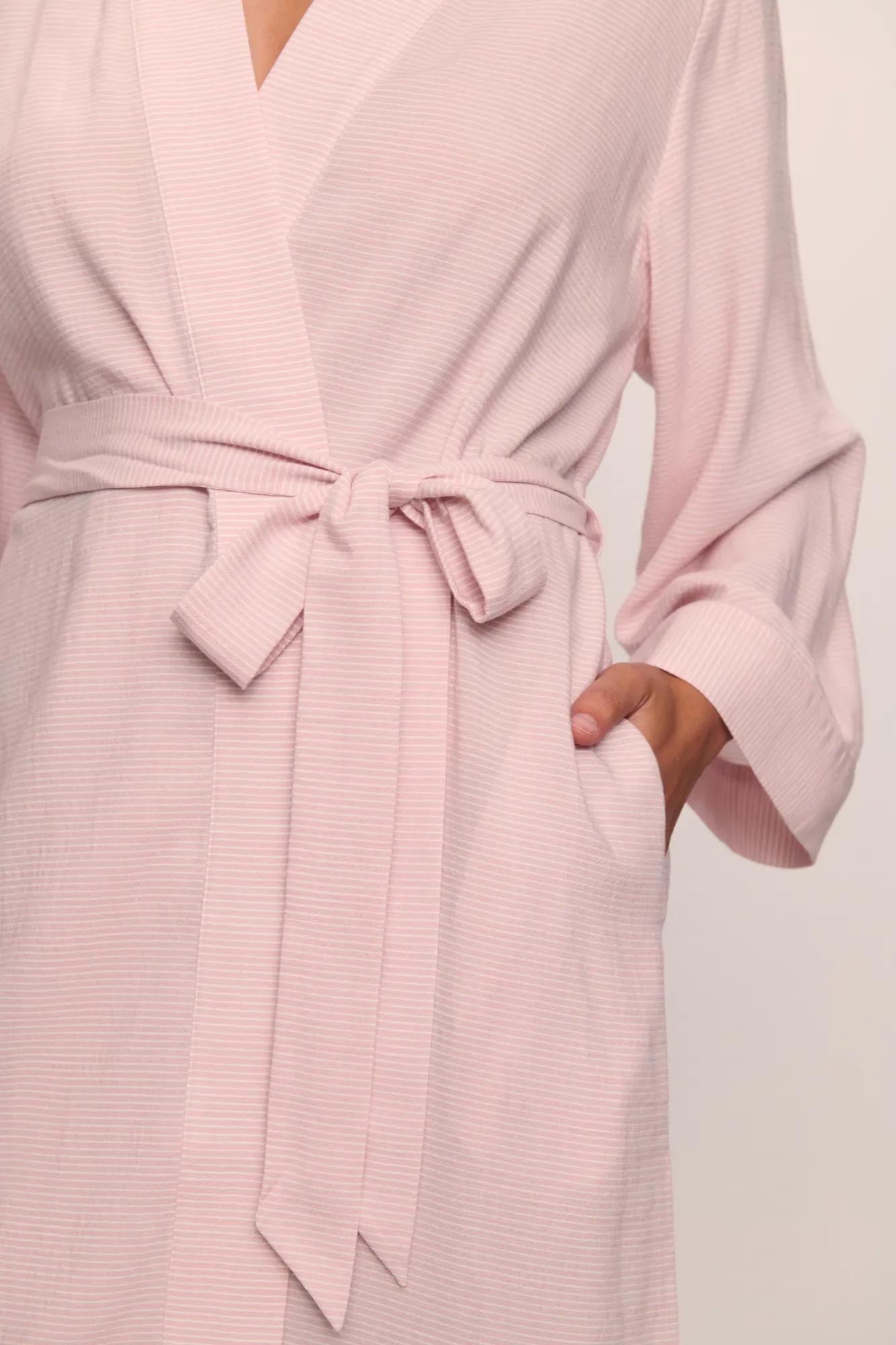 Model is wearing Nautico Midi Robe in  Feeder Stripespale Mauve/White