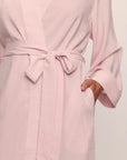 Model is wearing Nautico Midi Robe in Feeder Stripespale Mauve/White